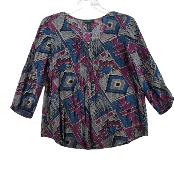 LRL Lauren Ralph Lauren Top Blouse Womens M Blue Purple Abstract 3/4 Sleeve - Picture 1 of 12